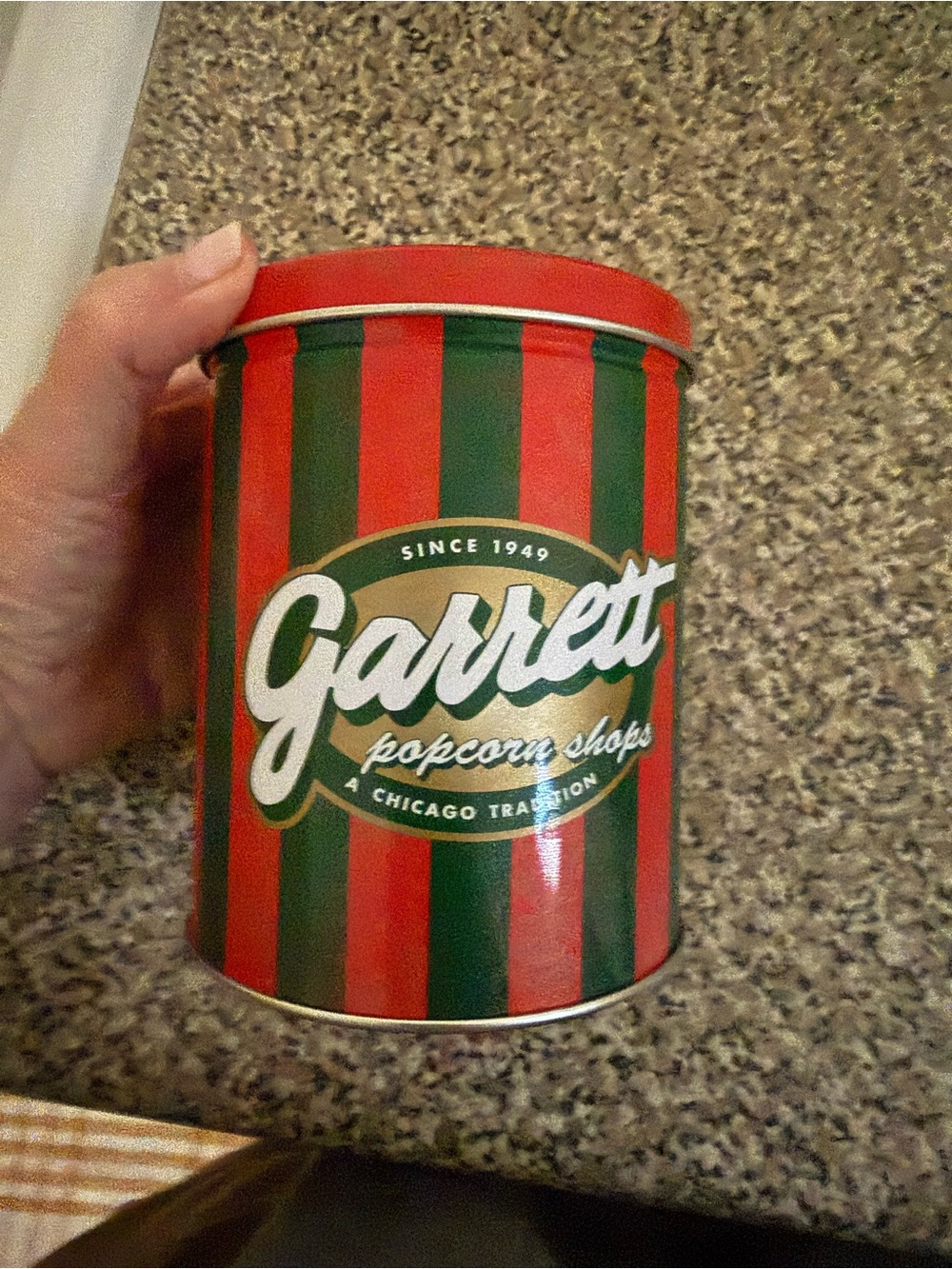 Garrett Popcorn Shops Red & Green Stripe Christmas tin